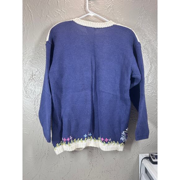 JENNIFER READ Blue Periwinkle Floral Easter Spring Hand Knitted Sweater Medium - Picture 2 of 4